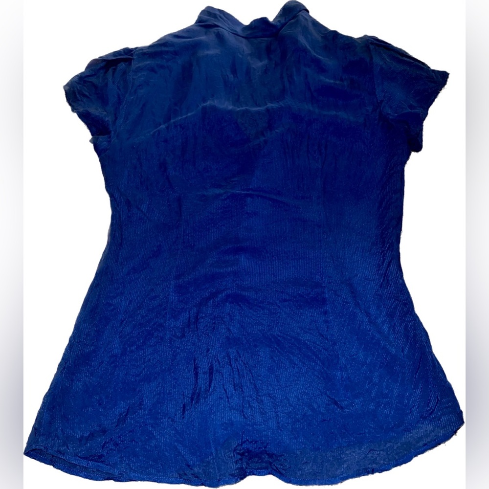 BCBGMAXAZRIA Small Royal Blue Button Down Ruffled Sheer Short Sleeve Sexy Blouse - Picture 3 of 3